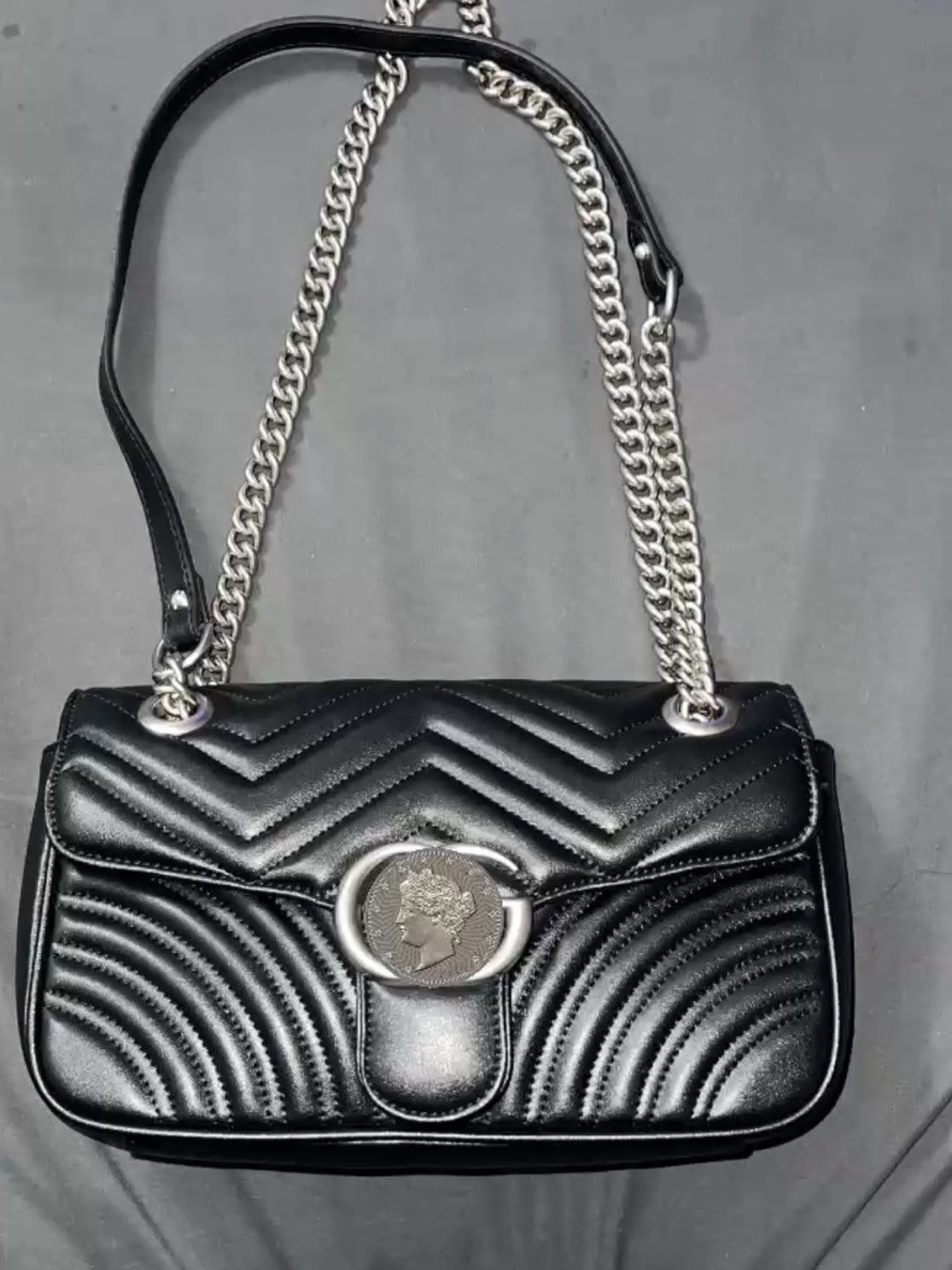 Black Quilted Chain Shoulder Bag with silver hardware